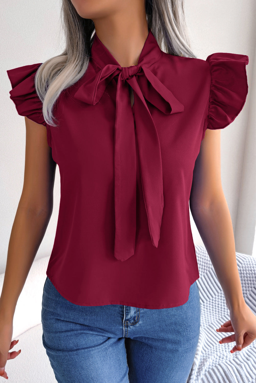 Burgundy Plain Bow Neck Ruffle Chiffon Blouse