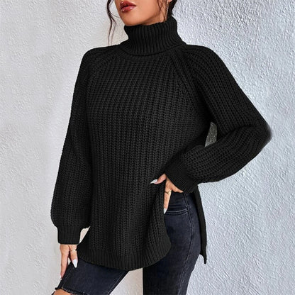 Turtleneck Pullover Sweater With Split Design Fashion Simple Solid Color Long Sleeve Tops Women's Clothing