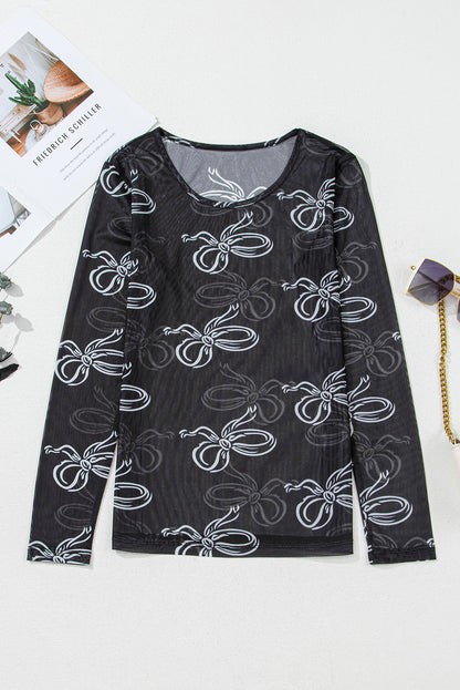 Black Bow Print Long Sleeve Mesh Top