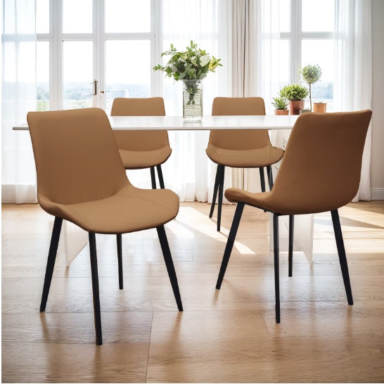 Brown PU Leather Dining Chair With Metal Legs, Modern Upholstered Chair Set Of 4 For Kitchen