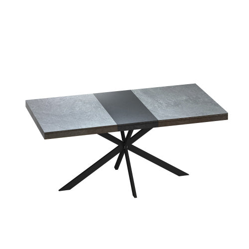 Retro Rectangular Stretch Dining Table,Dark Grey Stone Top And Black Relief Plate, Black Fine Sand Cross Iron Foot Base Dining Table, With Storage Box