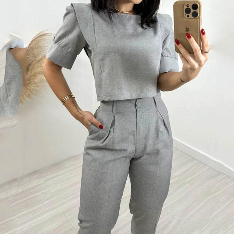 Short Sleeve Top And Trousers Casual Solid Color Two-piece Set