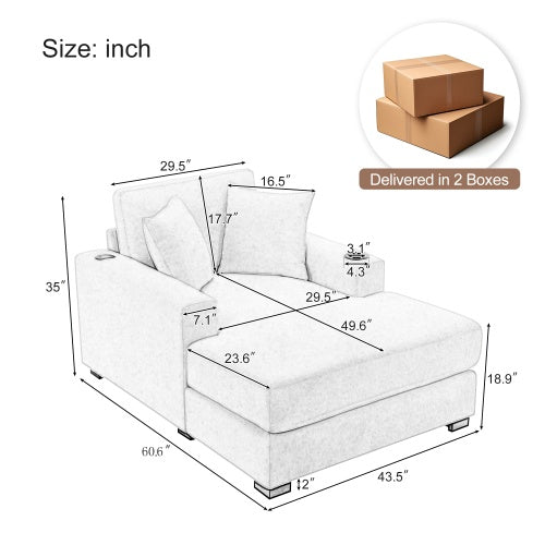 43.5 Oversized Chaise Lounger Modern Style Sofa Couch ,with Pillows, Charge Station  Cup Holders, Chenille Fabric