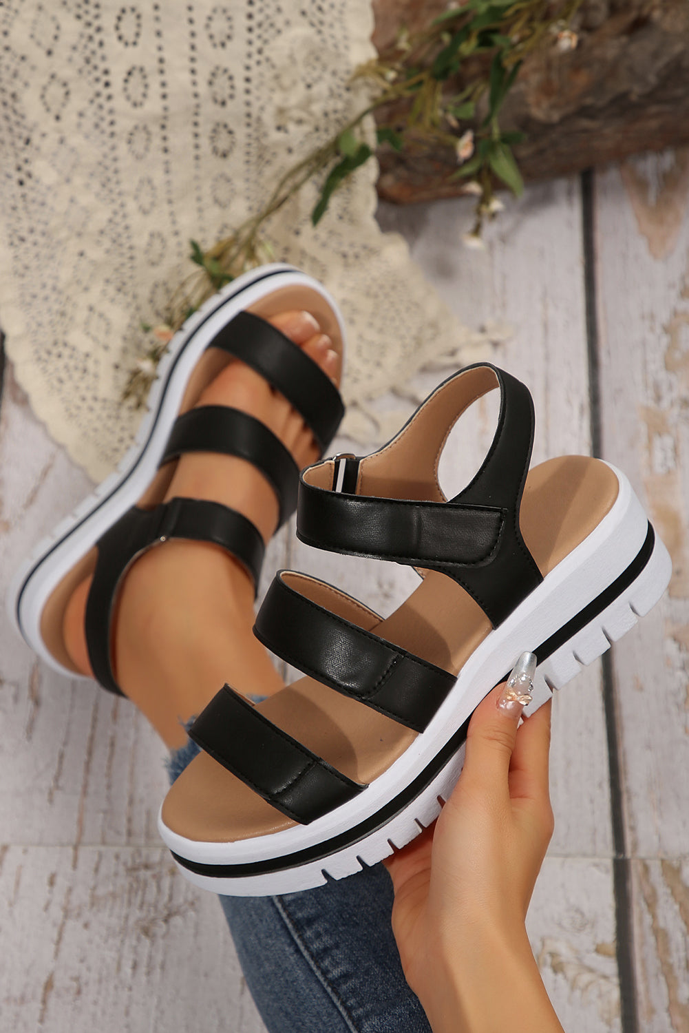 Camel Hollow Out Buckle PU Leather Platform Sandals