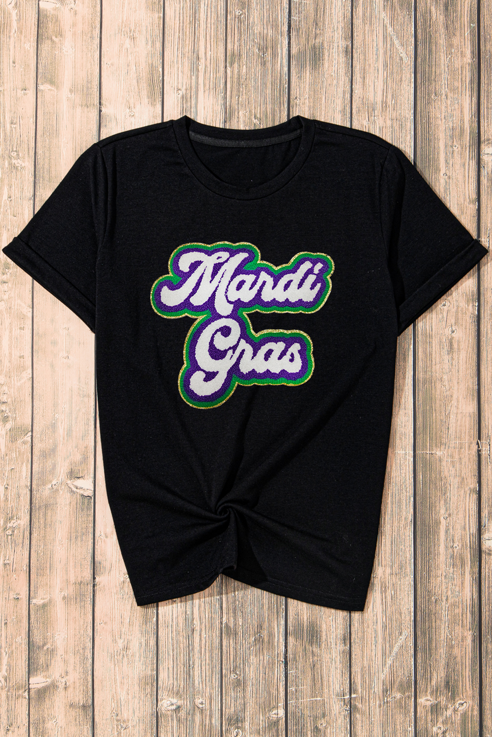 Black Mardi Gras Chenille Patched Graphic Tee