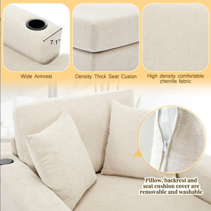 43.5 Oversized Chaise Lounger Modern Style Sofa Couch ,with Pillows, Charge Station  Cup Holders, Chenille Fabric