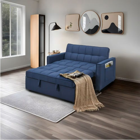 Stylish Blue Pull-Out Sofa Bed With Woven Polyester Fabric & Solid Wood Frame