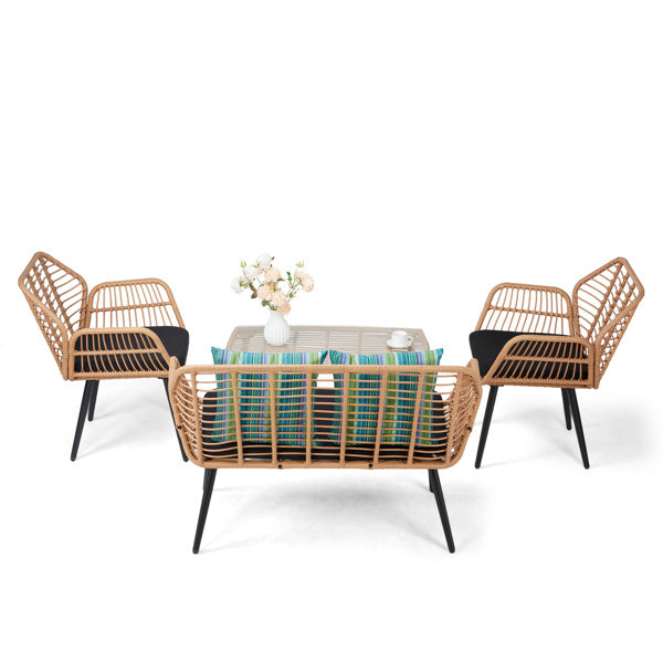 Yellow Round Rattan, Black Seat Cushion, Braided Rattan Four-piece Set