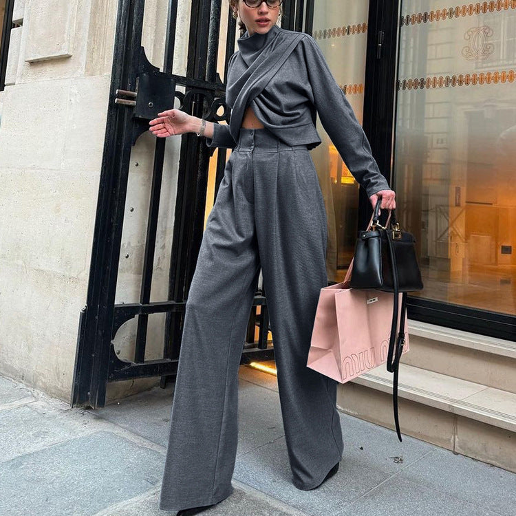 Small Turtleneck Cross Long Sleeves Top Casual Wide Leg Pants Two-piece Set