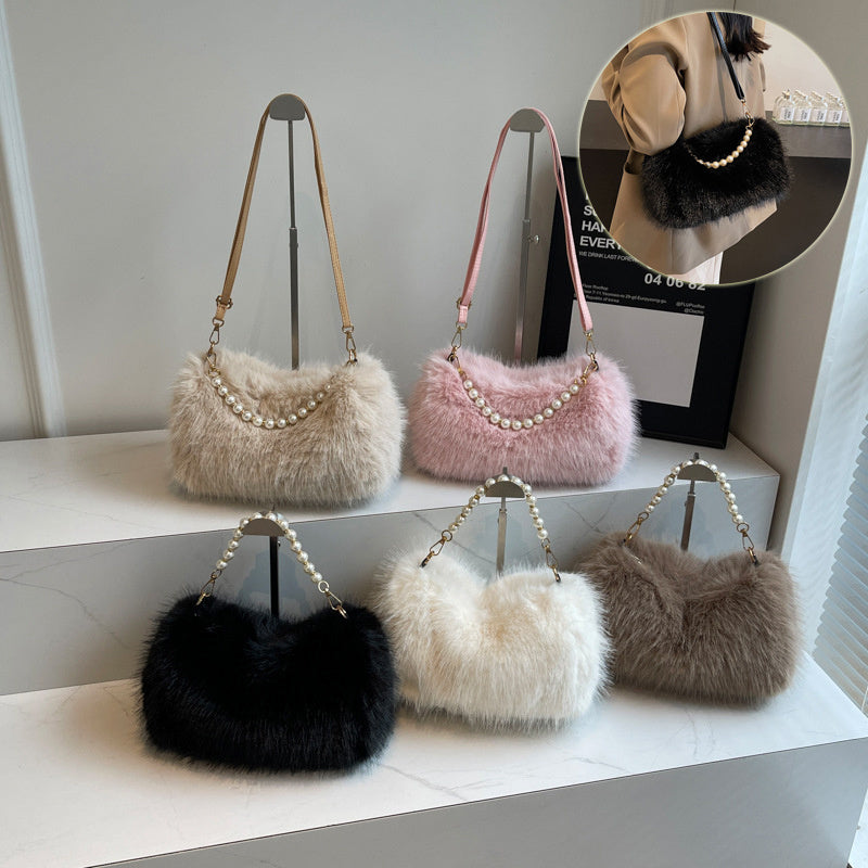 Autumn And Winter Fashion Shoulder Bags Pearl Chain Crossbody Bag Versatile Commuting Armpit Plush Female Bag