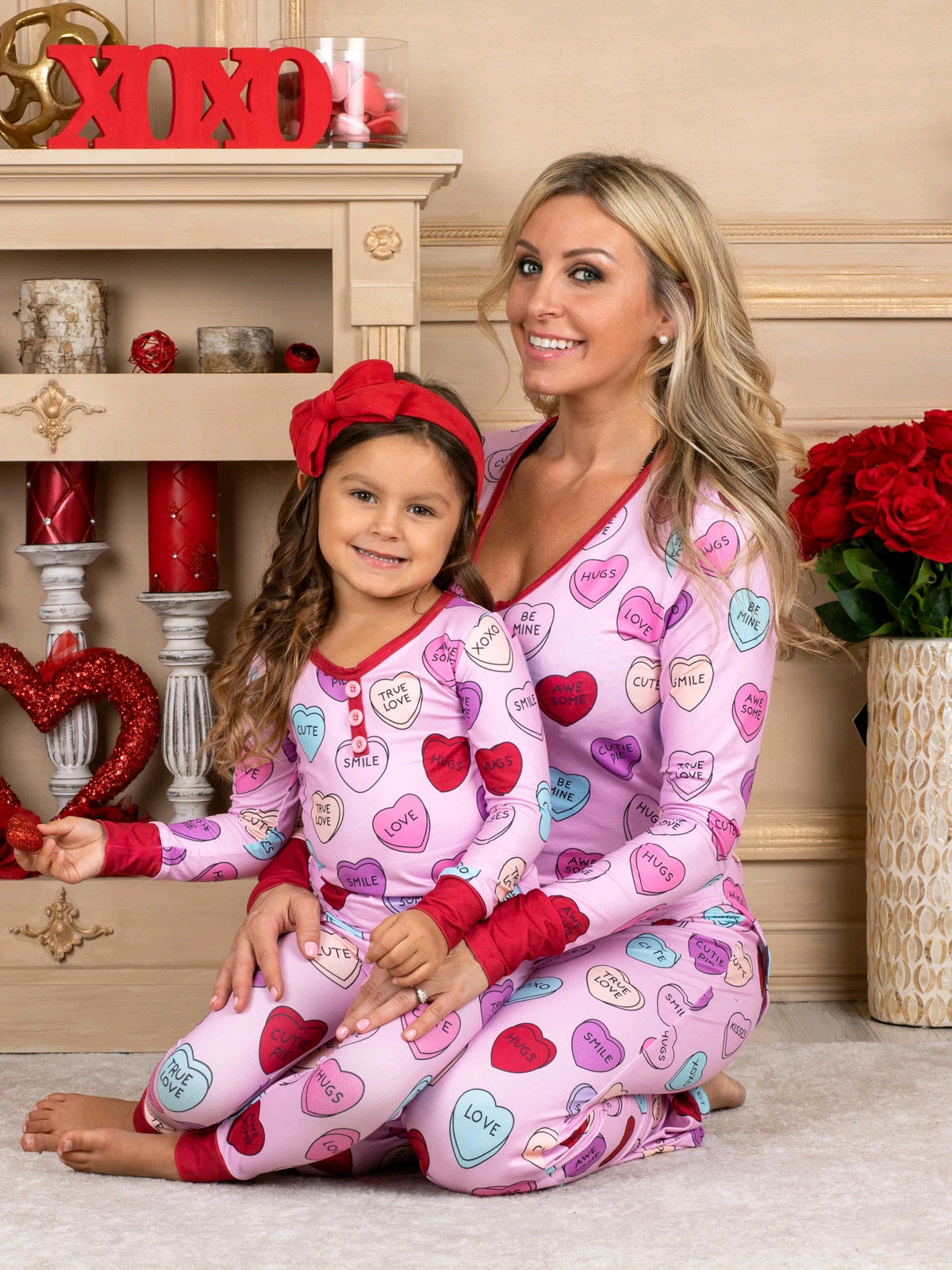 Valentines Day Love Print Casual Home Pajamas Parent Child Set