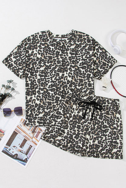 Black Leopard Print Tee and Shorts Pajama Set