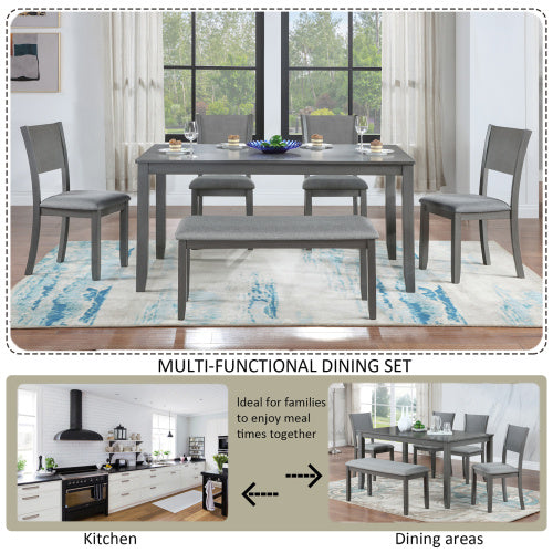 6 Piece Kitchen Dining Set, Rectangular Wooden Dining Table With 4 Upholstered Chairs And A Bench, Dining Table Set For 6 People, Living Room, Home Bar And Kitchen, Gray