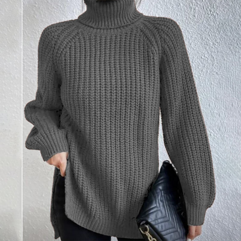 Turtleneck Pullover Sweater With Split Design Fashion Simple Solid Color Long Sleeve Tops Women's Clothing