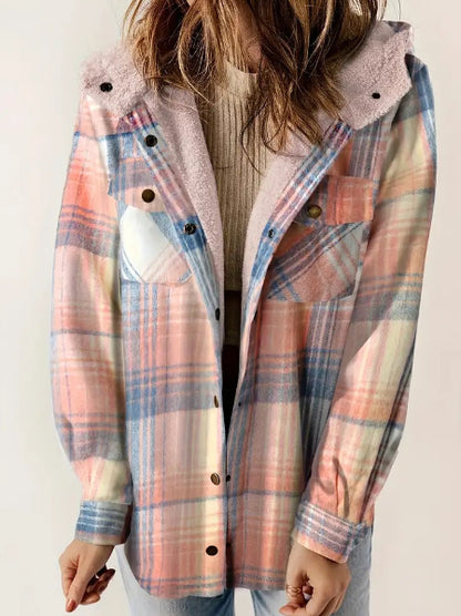 Casual Plaid Hooded Woolen Coat Thickened Fleece-lined Warm Jacket