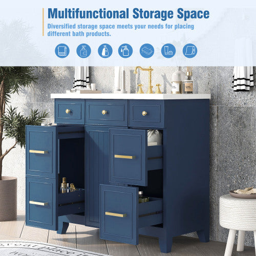 36  Bathroom Vanity Cabinet With Sink Top Combo Set, Navy Blue, Single Sink, Shaker Cabinet With Soft Closing Door And Drawer