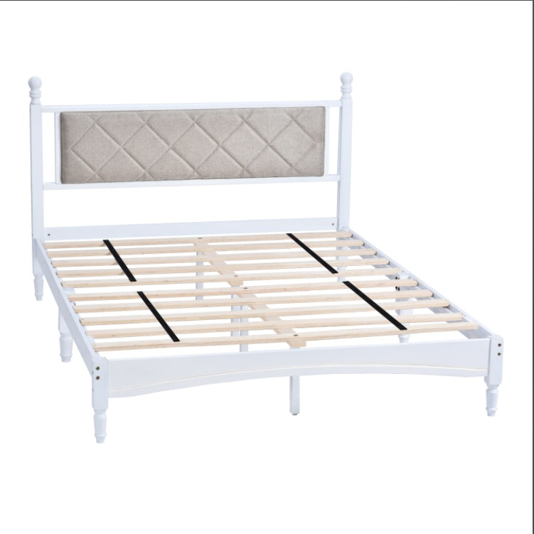 Wooden Bed Frame With Fabric Headboard, Solid Rubberwood With Wooden Central Support