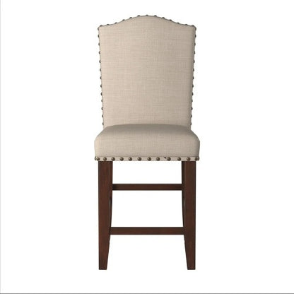 Classic Cream Upholstered Cushion Chairs Set Of 2pc Counter Height Dining Chair Nailheads Solid Wood Legs Dining Room