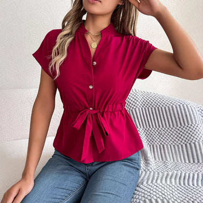 Button Drawstring Short Sleeve Shirt Top Women's Clothing