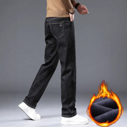 Winter Fleece-lined Thick Jeans Men's Plus Size Loose Straight Casual Trousers