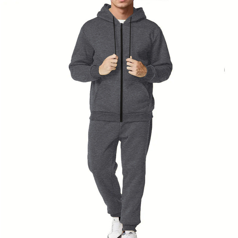 Casual Solid Color Hooded Zip Cardigan Suit