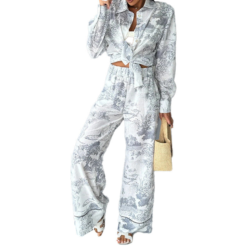 Women's Printed Shirt Long-sleeved Wide-leg Pants