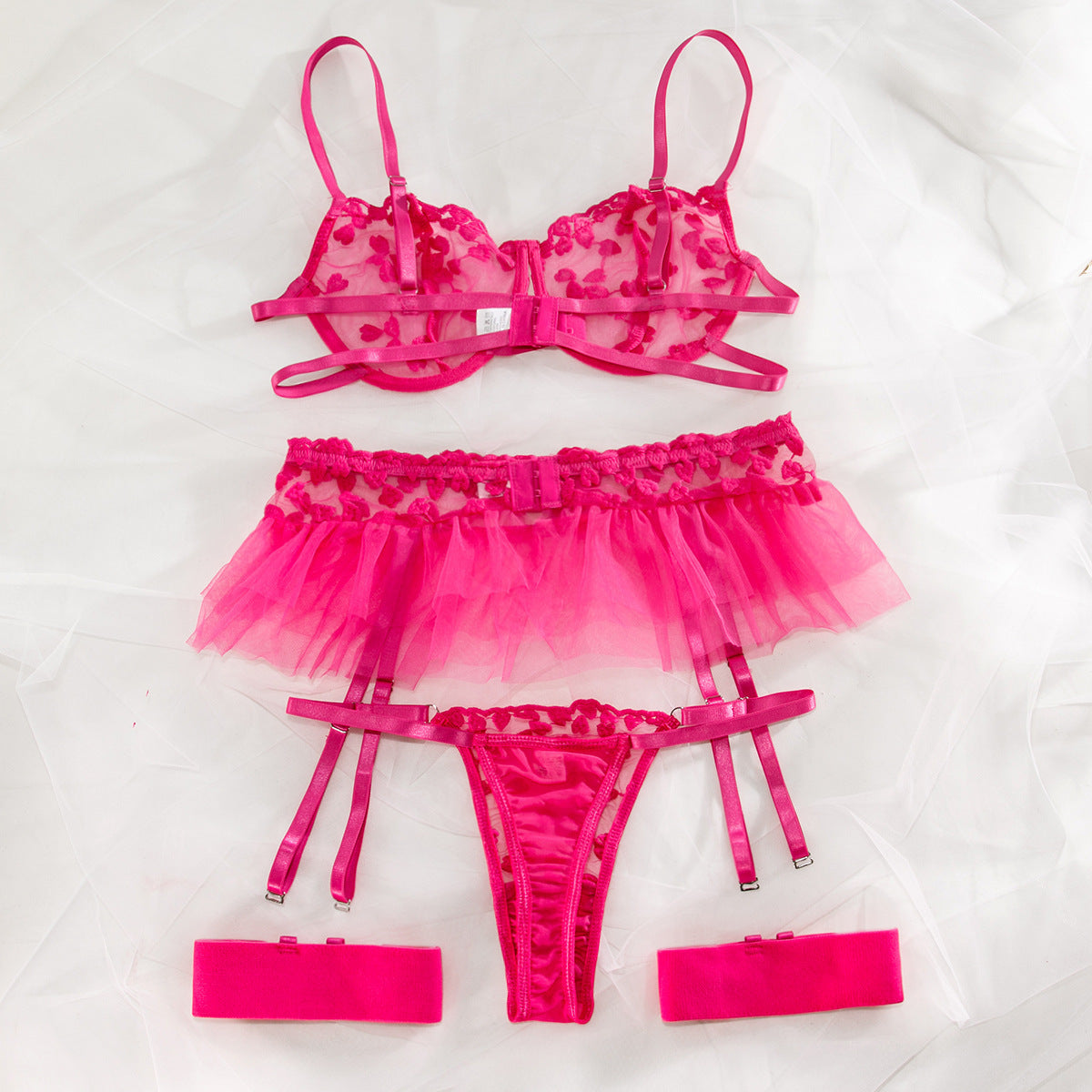 Women's Mesh Embroidered Underwear Three-piece Set