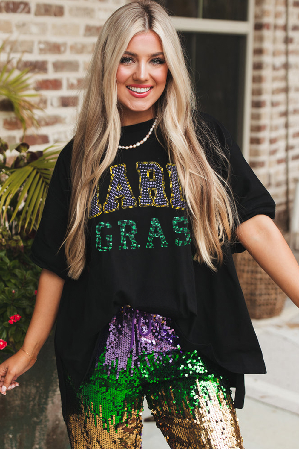 Black Rhinestone Mardi Gras Letter Graphic Oversized T Shirt