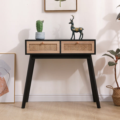 Side Table With Two Real Rattan Drawers, Solid Wood Table Legs,can Be Used In The Dining Room, Living Room,bedroom,entrance,black