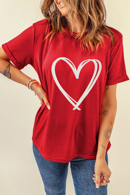 Red Double Heart Pattern Valentines Crewneck Tee