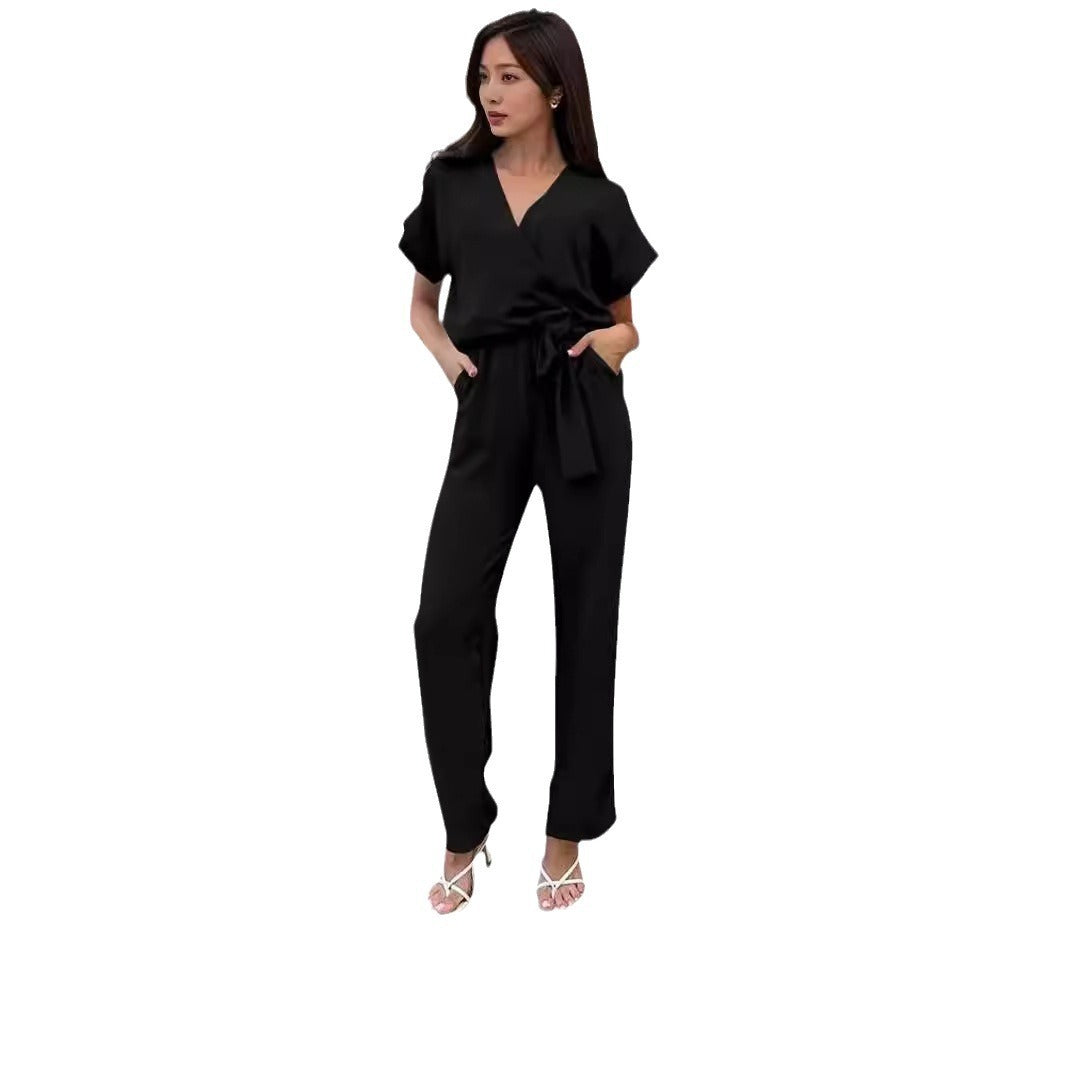 Women's Short-sleeved V-neck Pocket Jumpsuit