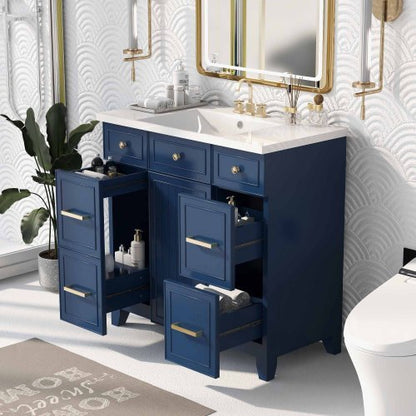 36  Bathroom Vanity Cabinet With Sink Top Combo Set, Navy Blue, Single Sink, Shaker Cabinet With Soft Closing Door And Drawer