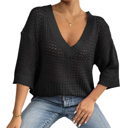 Top Women's Hollow Woven V-neck