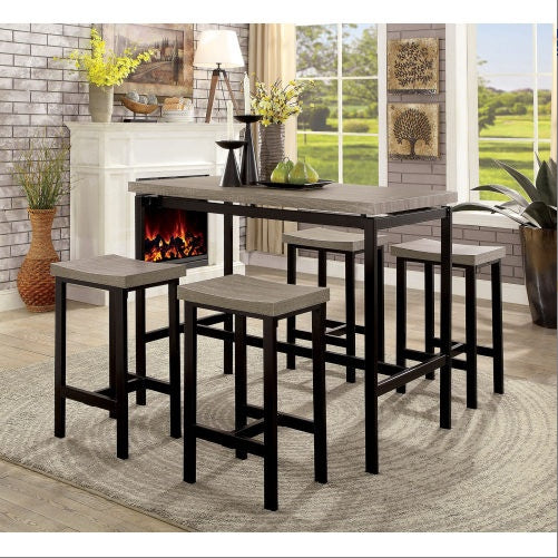 5 Pc Counter Height Table Set Two Tone Design Black Gray Dining Chairs Sturdy Metal Construction PVC Plastic Top Dining Room Furniture