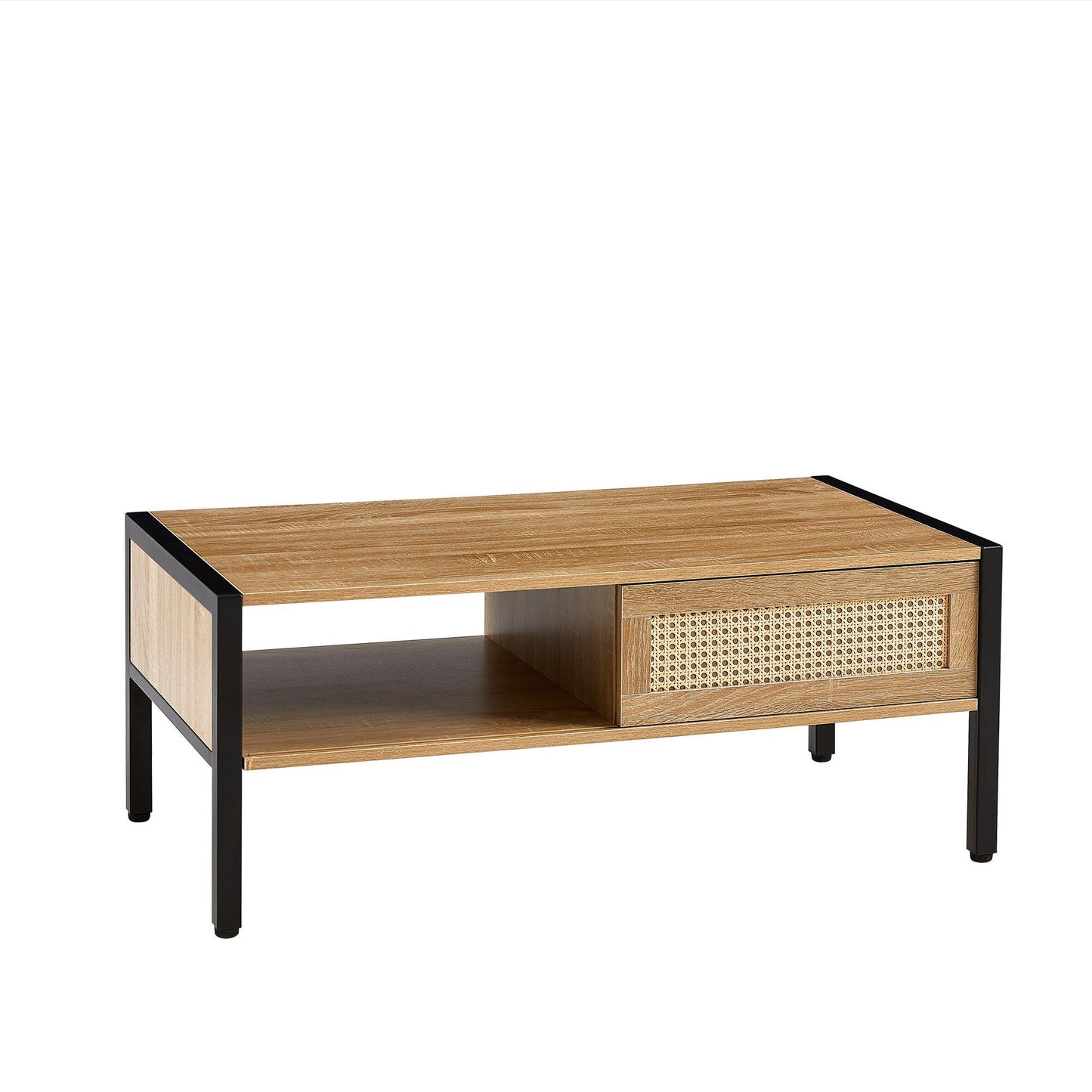 40.16 Inch Rattan Coffee Table With Sliding Door For Storage, Metal Legs, Modern Living Room Table, Natural Color