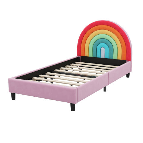 Rainbow Design Upholstered Twin Platform Bed Cute Style Princess Bed For Boys Girls, Teens