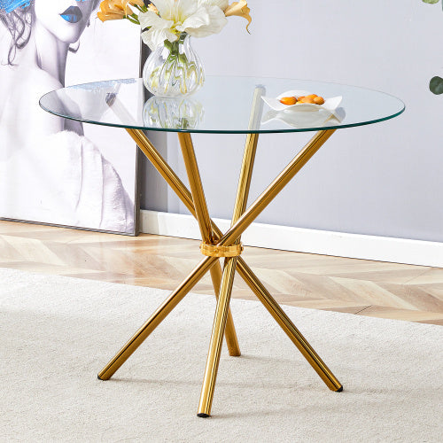 Round Clear Glass Dining Table With A Unique Shape For 4-6 People, Ring-shaped Gold Metal Legs, Suitable For Desks, Kitchens, Terraces, Dining Rooms. Unavailable Platforms- AliExpress