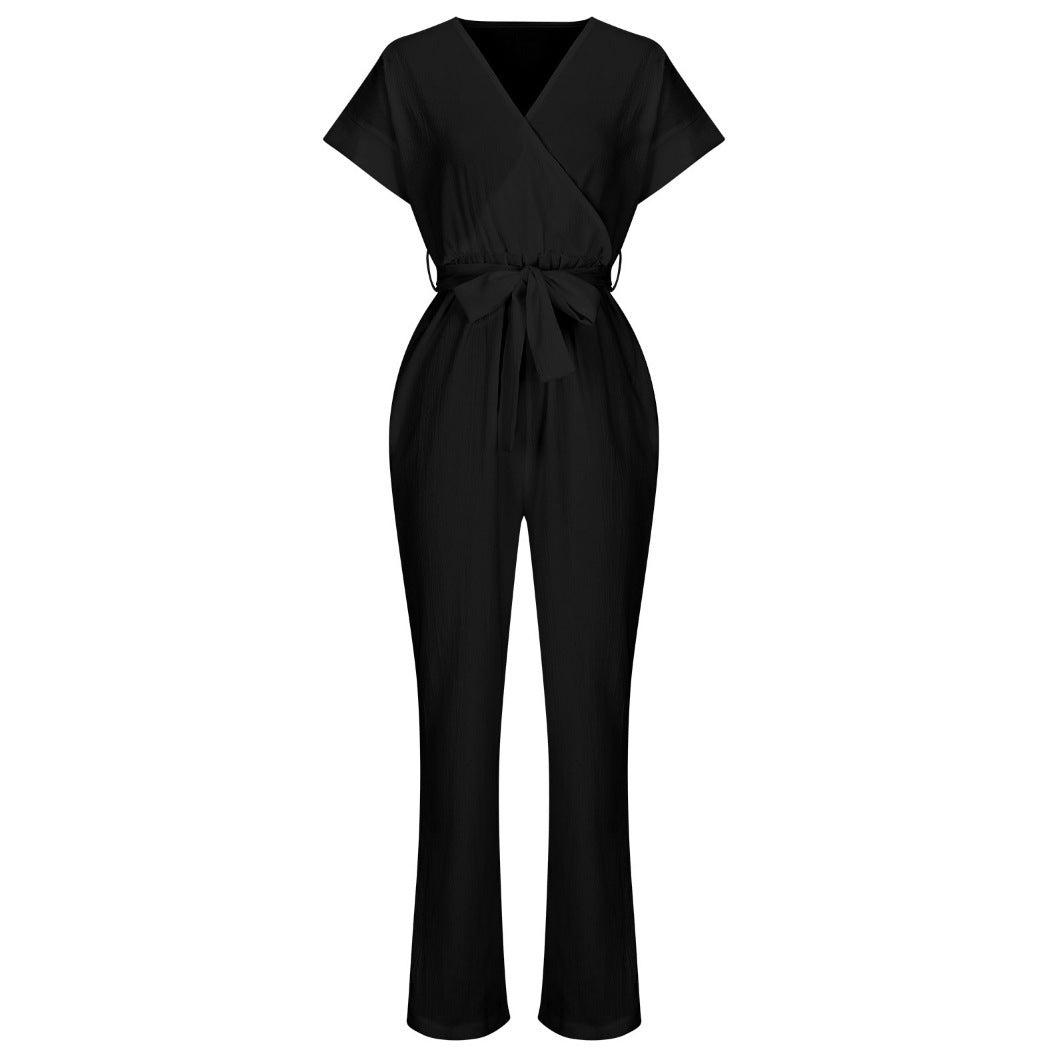 Women's Short-sleeved V-neck Pocket Jumpsuit