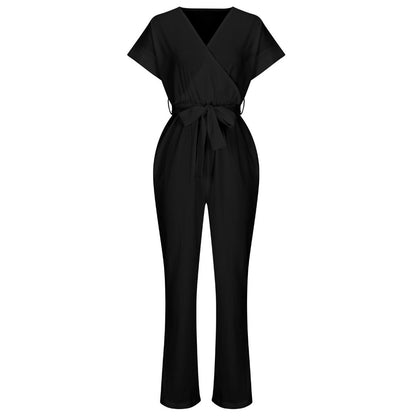 Women's Short-sleeved V-neck Pocket Jumpsuit