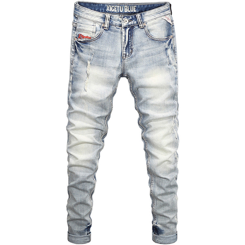 Washed Distressed Pocket Embroidery Personality Worn Slim Trousers