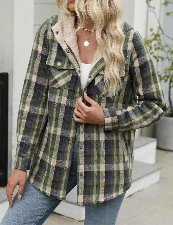 Casual Plaid Hooded Woolen Coat Thickened Fleece-lined Warm Jacket