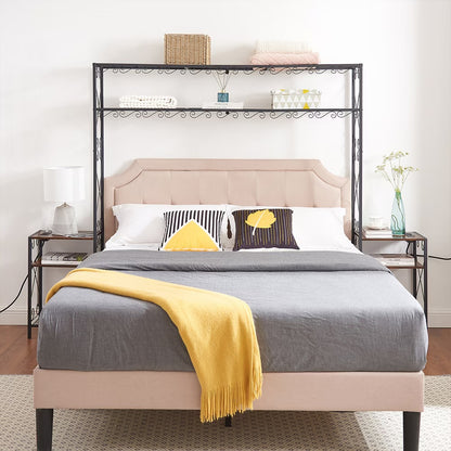 Queen Size Metal Storage Headboard,with Charging Stations,2 Nightstands And Storage Shelves,for Bedroom