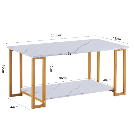 Coffee Table, 2 Layers 1.5cm Thick Marble MDF Rectangle Tabletop Iron Coffee Table