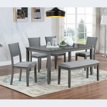 6 Piece Kitchen Dining Set, Rectangular Wooden Dining Table With 4 Upholstered Chairs And A Bench, Dining Table Set For 6 People, Living Room, Home Bar And Kitchen, Gray