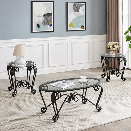 Tempered Glass Coffee Table Set Of 3,with 1 Oval Coffee Table 2 Round End Side Table,for Living Room