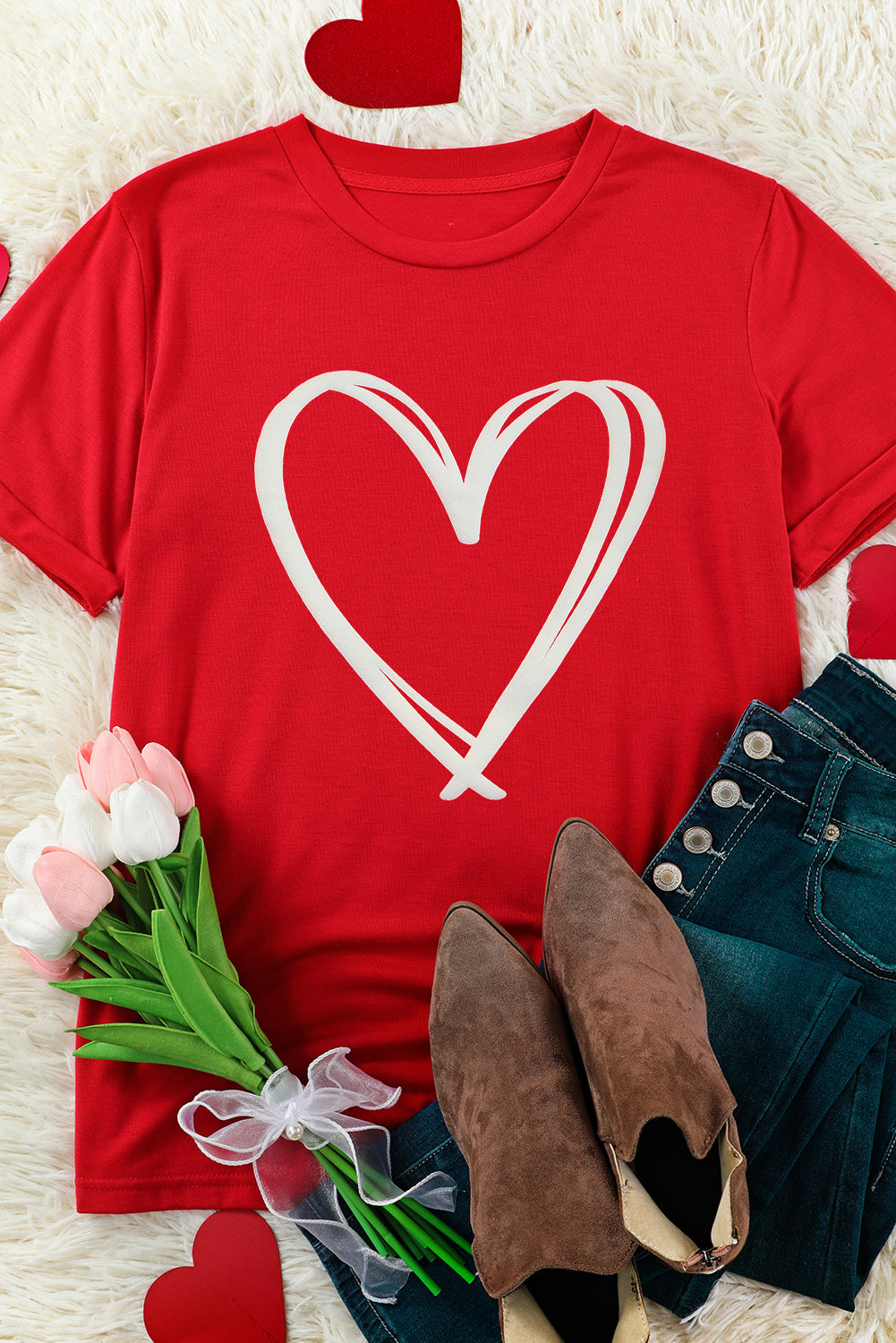 Red Double Heart Pattern Valentines Crewneck Tee