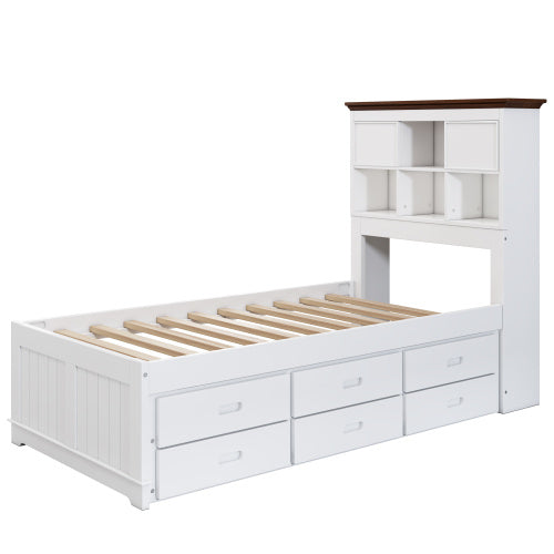 Solid Pine Captain Bookcase Bed With Trundle Bed And 3 Spacious Under Bed Drawers In Casual,Twin, White Walnut