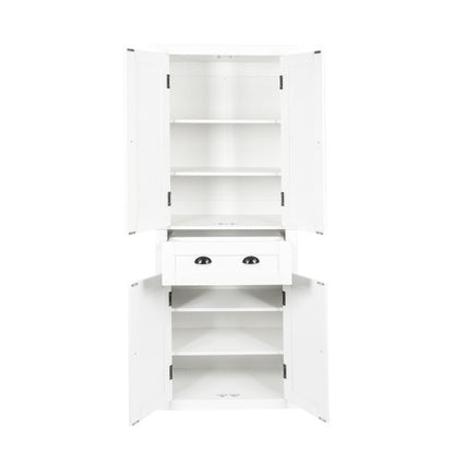 72Kitchen Pantry Storage Cabinet, Traditional Freestanding Cupboard With 4 Doors And Adjustable Shelves, Large Central Drawer, White