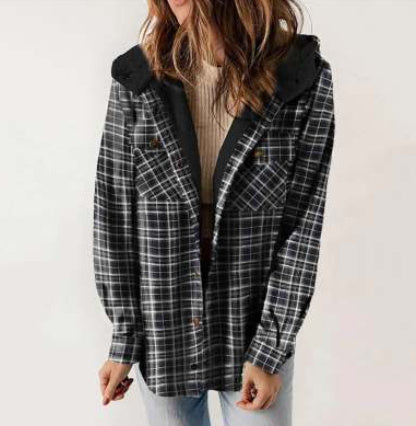 Casual Plaid Hooded Woolen Coat Thickened Fleece-lined Warm Jacket