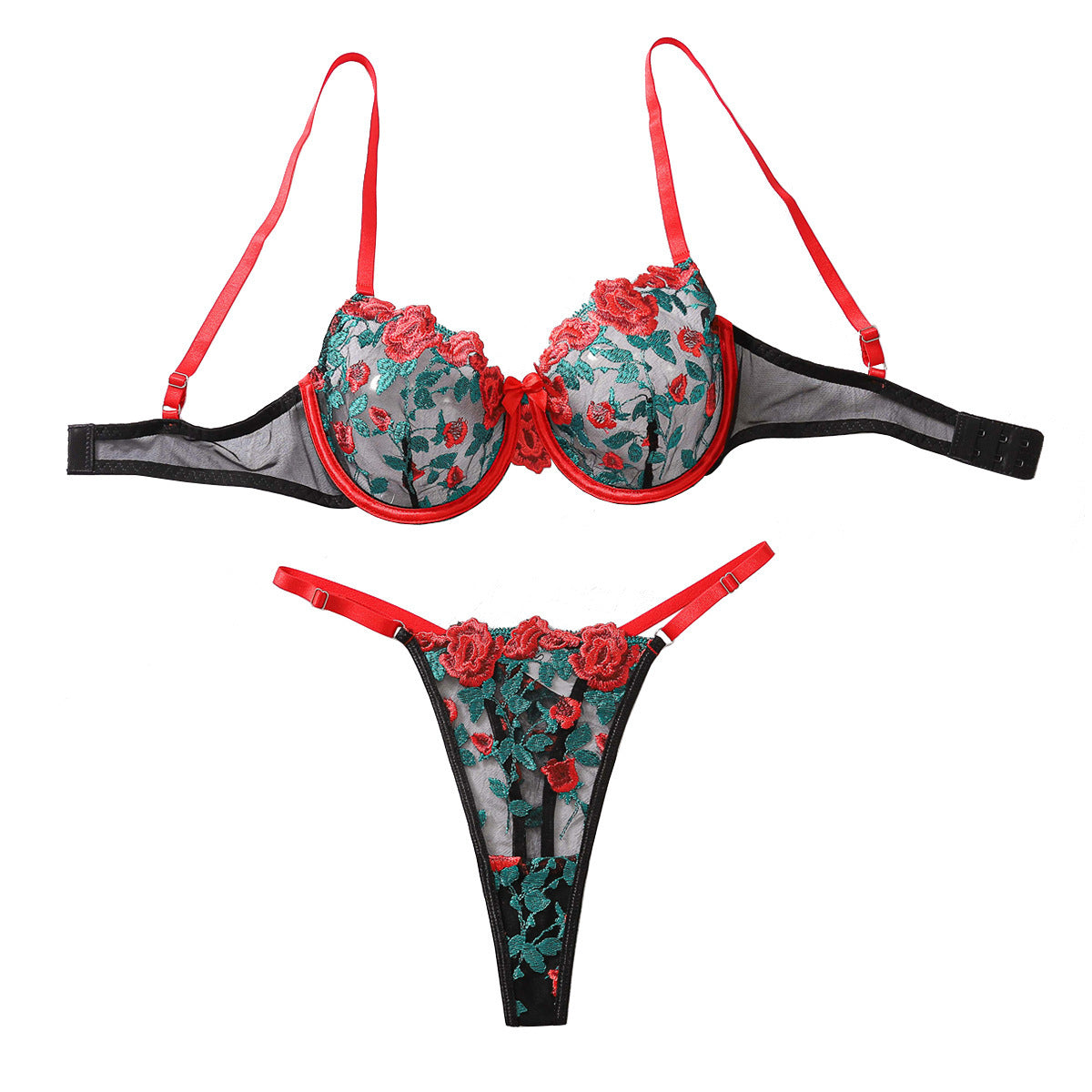 Contrast Color Floral Embroidered See-through Underwear